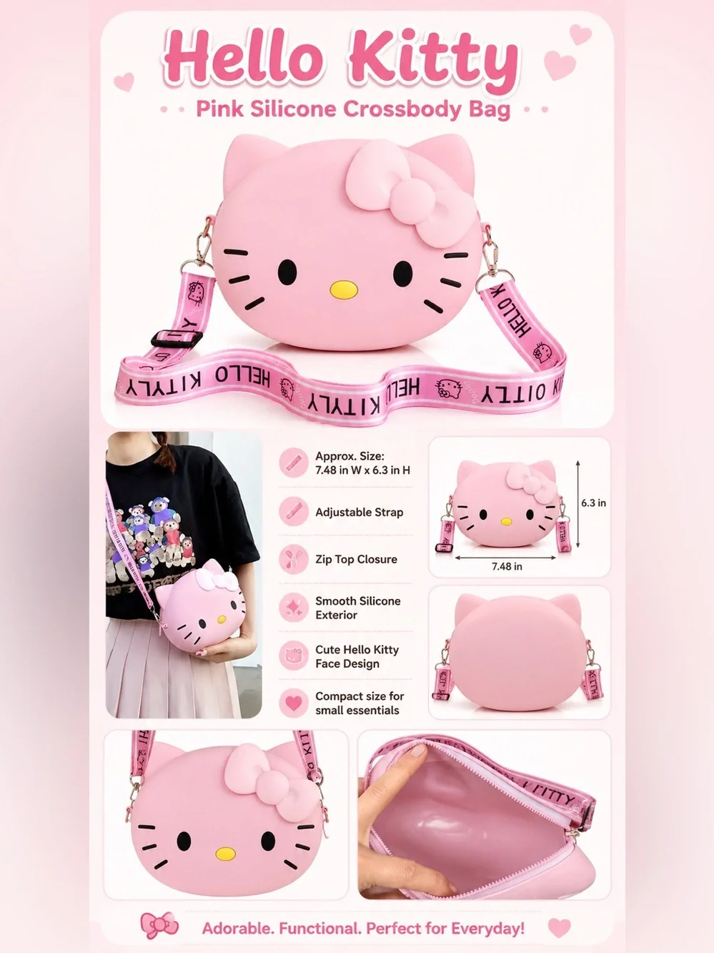 NIP Hello Kitty Pink Silicone Crossbody Bag Adjustable Logo Strap